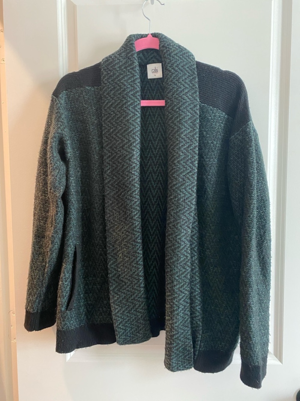 CAbi Open-Front Fireside Cardigan in Forest Green and Black Chevron Pattern